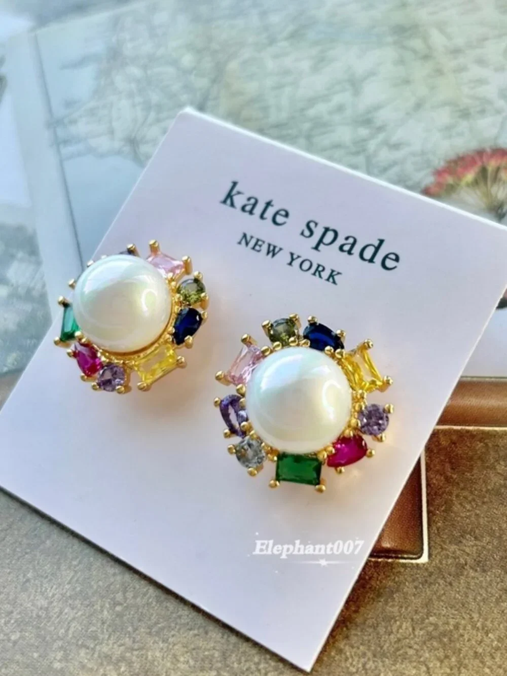 Kate Spade Multicolor Crystal Pearl Stud Earrings Gold Rainbow Earrings🌈✨